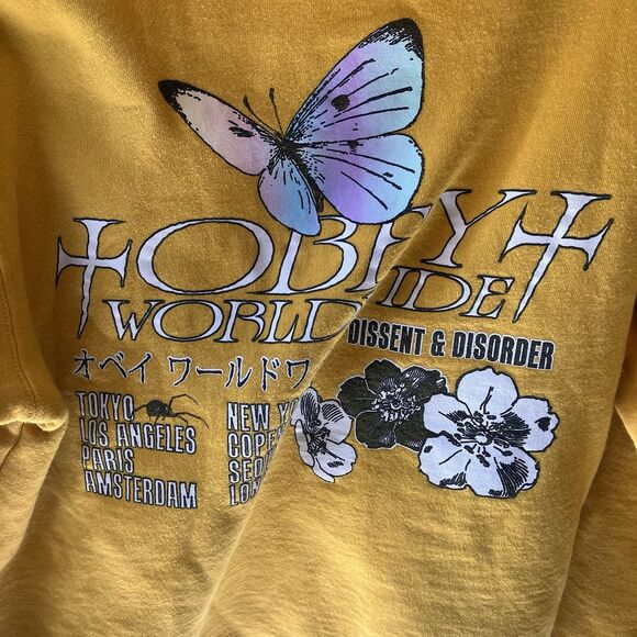 OBEY Logo Pullover Yellow Hooded Sweatshirt Hoodie Women's Size Large Butterfly - Picture 7 of 10